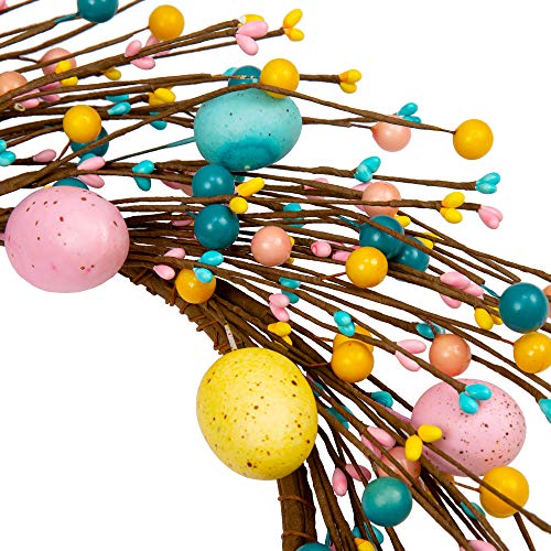 18 inch Easter Egg Wreath for Front Door with Pastel Eggs and Twigs I6652