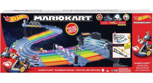 Hot Wheels Mario Kart Rainbow Road Raceway 8-Foot Track Set with Lights & Sounds & 2 Vehicles D8312