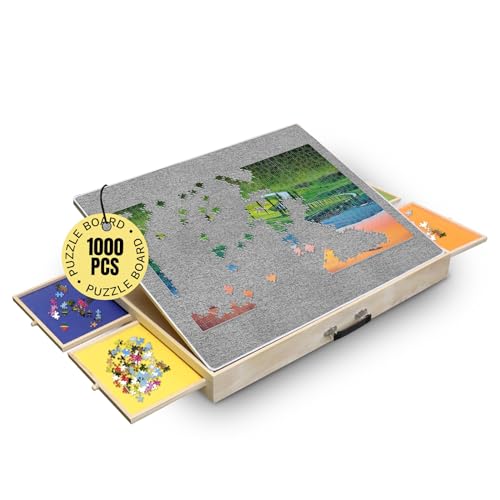 Puzzle Board with Drawers & Cover for 1000 Pieces, Wooden Jigsaw Table with Lazy Susan Spinning Cover X435