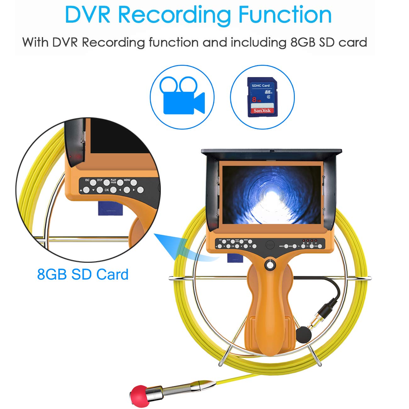 Sewer Camera with Distance Counter, Pipe Inspection System IP68 Waterproof, 7" Monitor 20M/65ft Y231555