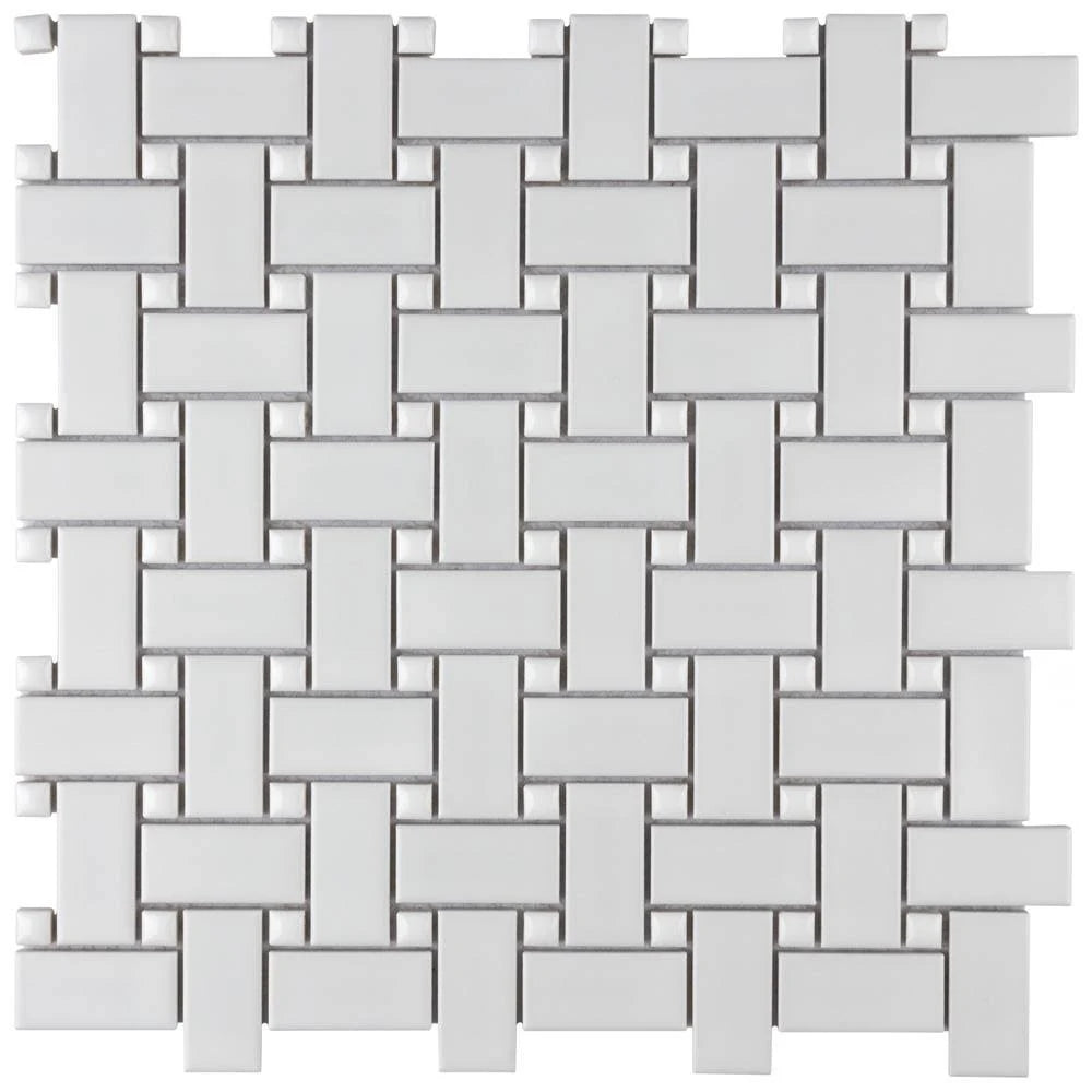 Merola Tile Metro Basketweave Matte White with Glossy White Dot 11-3/4 in. x 11-3/4 in. Porcelain Mosaic Tile (9.79 Sq. ft./Case
