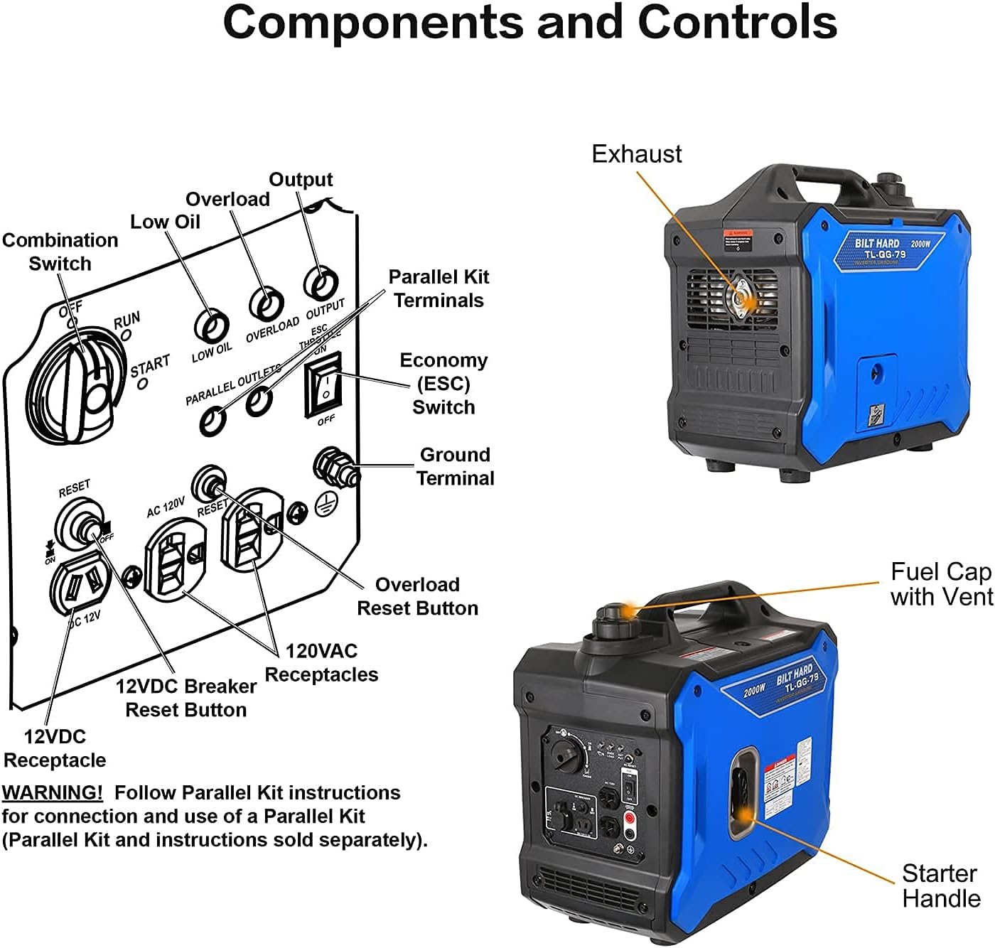 BILT HARD Portable Inverter Generator 2000 Watt, Quiet Gas Powered for Camping G94501