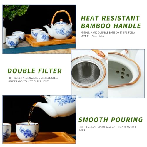 Japanese Tea Set Porcelain with Teapot and Cups for 4, Blue and White, Stainless Infuser, Bamboo Tray O10118