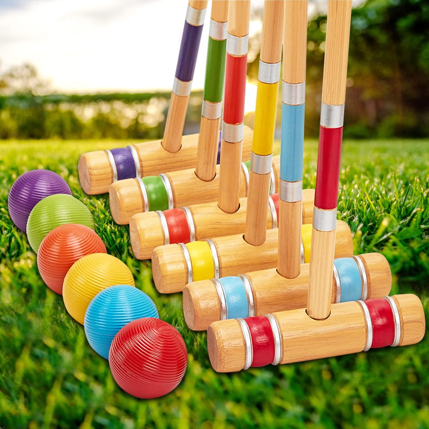 Pointyard Six Player Croquet Set with Wooden Mallets and Carry Bag O779356