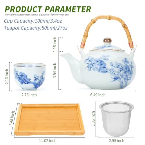 Japanese Tea Set Porcelain with Teapot and Cups for 4, Blue and White, Stainless Infuser, Bamboo Tray O10118