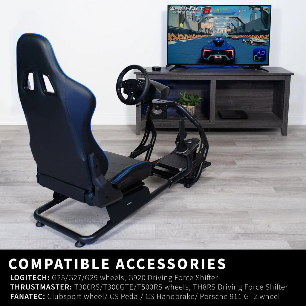 VIVO Black + Blue Racing Simulator Cockpit with Wheel Stand and Reclining Seat R696