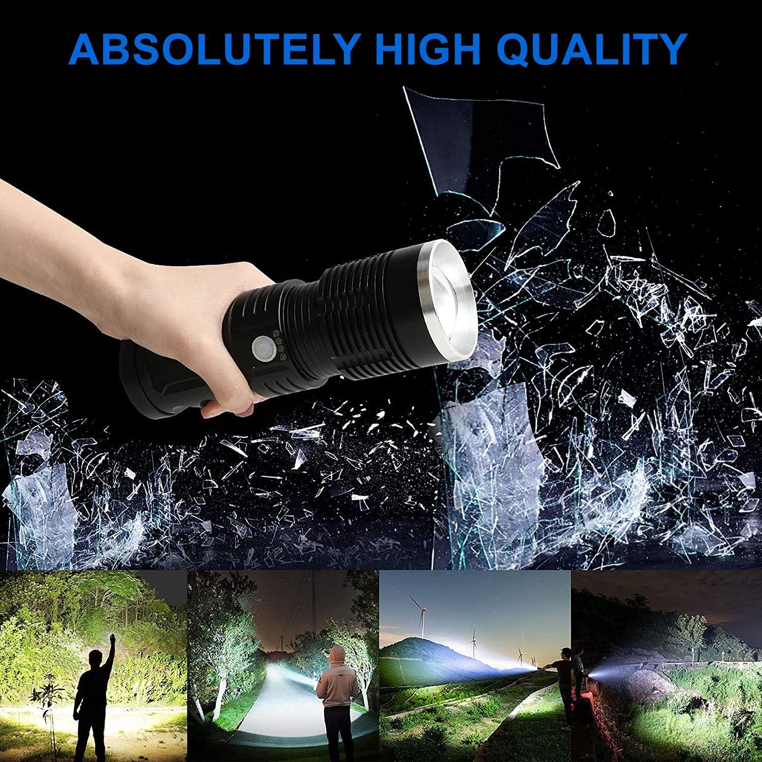 Tactical LED Flashlight 100000 Lumen Rechargeable with Battery USB Cable Q740379