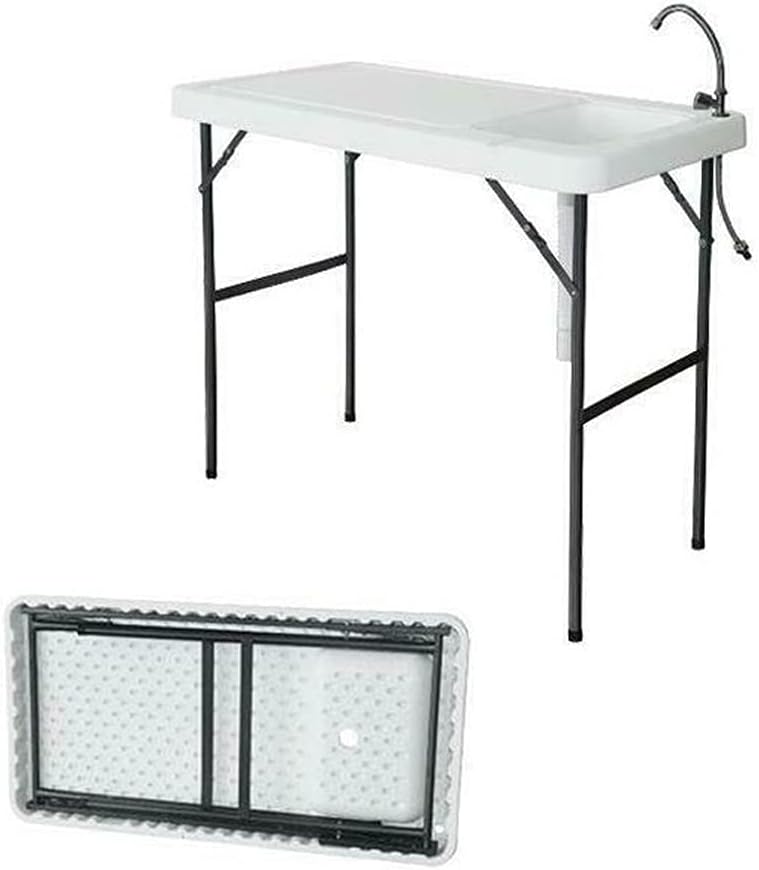 PMSW FCT01 Fishing Cleaning Table with Sink, Portable Folding Camping Sink Table Fish Fillet Table with Sink Faucet for Picnic Camping Gardening Kitchen, White