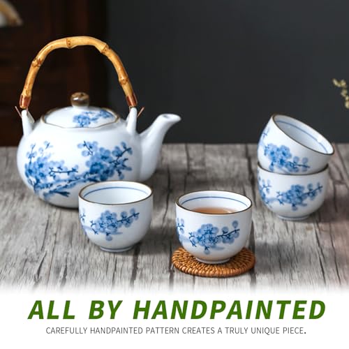 Japanese Tea Set Porcelain with Teapot and Cups for 4, Blue and White, Stainless Infuser, Bamboo Tray O10118