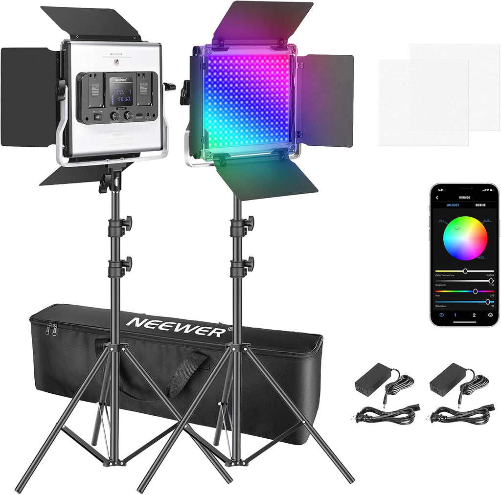Neewer 660 RGB LED Video Light with App Control, Photography Video Lighting Kit with Stands and Bag, 2-Pack Dimmable Led Panel Light with CRI95/3200K–5600K/0–360° Full Color/9 Applicable Scenes