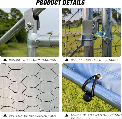 Large Metal Chicken Coop Walk-in Poultry Cage with Waterproof Cover D237341