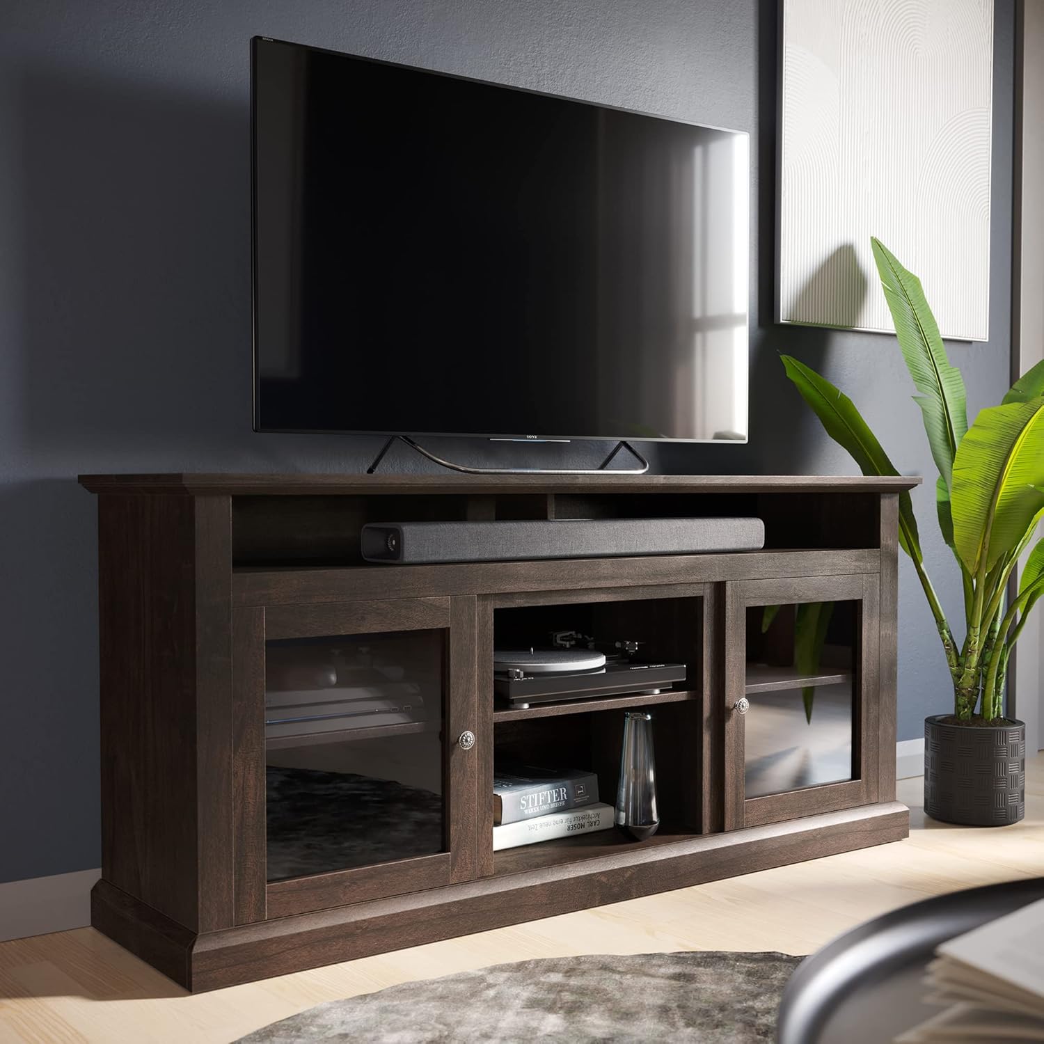 BELLEZE Modern 60 Inch Traditional Electric Fireplace TV Stand & Media Entertainment Center Console Table for TVs up to 65 Inches with Open Storage Shelves & Cabinets - Cayman (Gray Wash)
