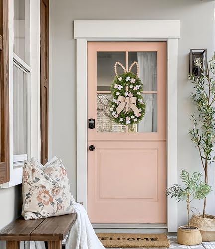 Bunny Shaped Easter Boxwood Wreath for Front Door, Handmade with Beaded Ears B739