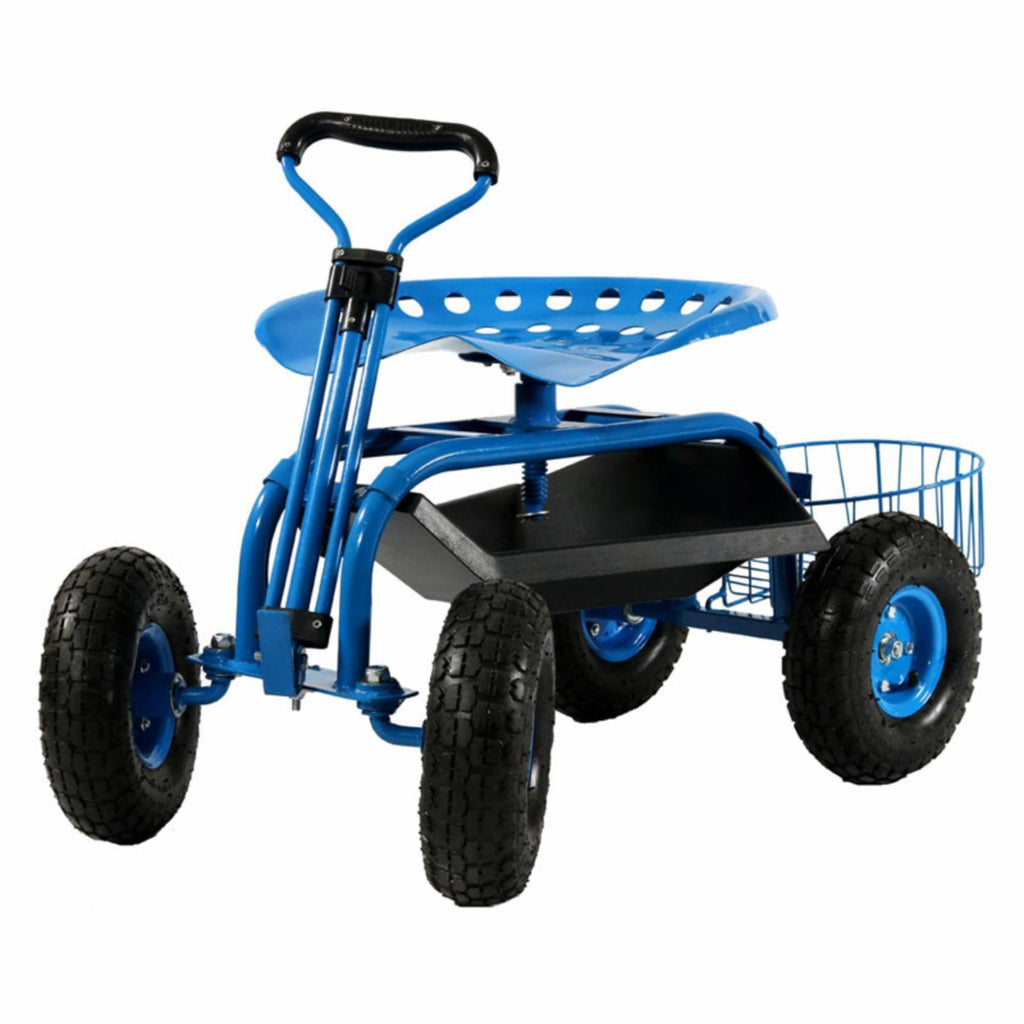 Sunnydaze Blue Rolling Garden Cart with Extendable Steering Handle, Swivel Seat