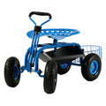 Sunnydaze Blue Rolling Garden Cart with Extendable Steering Handle, Swivel Seat