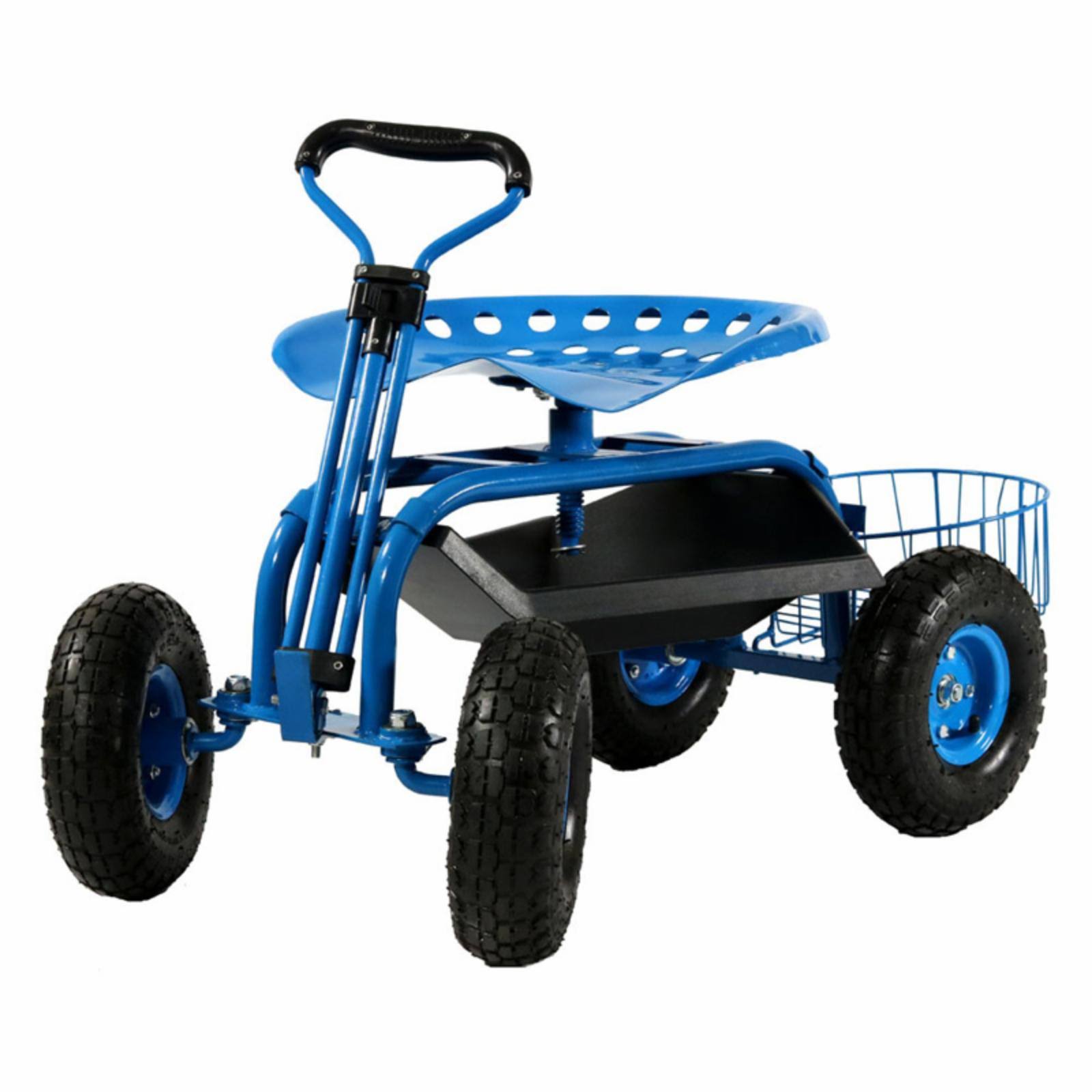 Sunnydaze Blue Rolling Garden Cart with Extendable Steering Handle, Swivel Seat