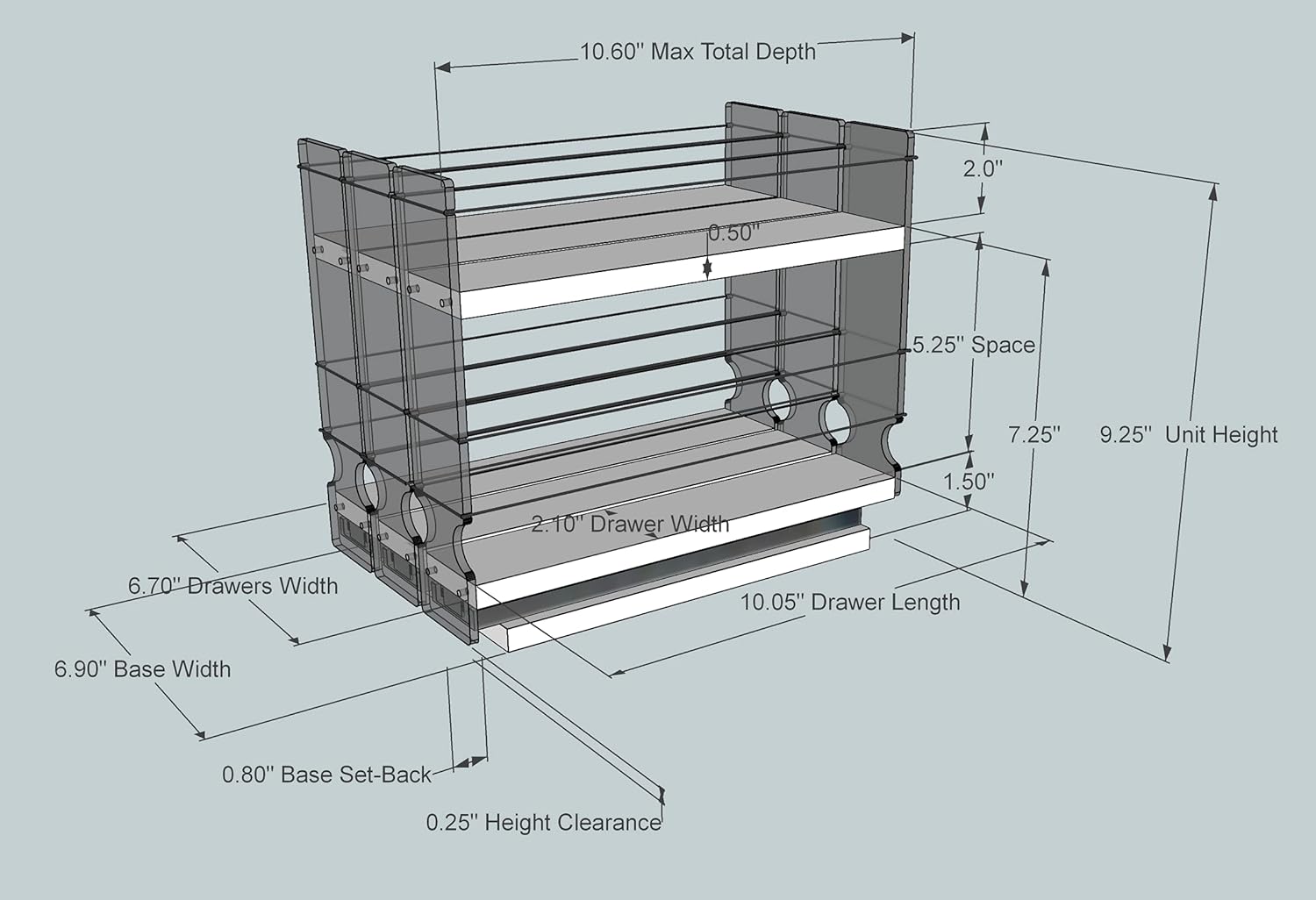 Vertical Spice 222x1.5x11 DC Spice Rack 3 Drawers Cabinet Mounted O1808