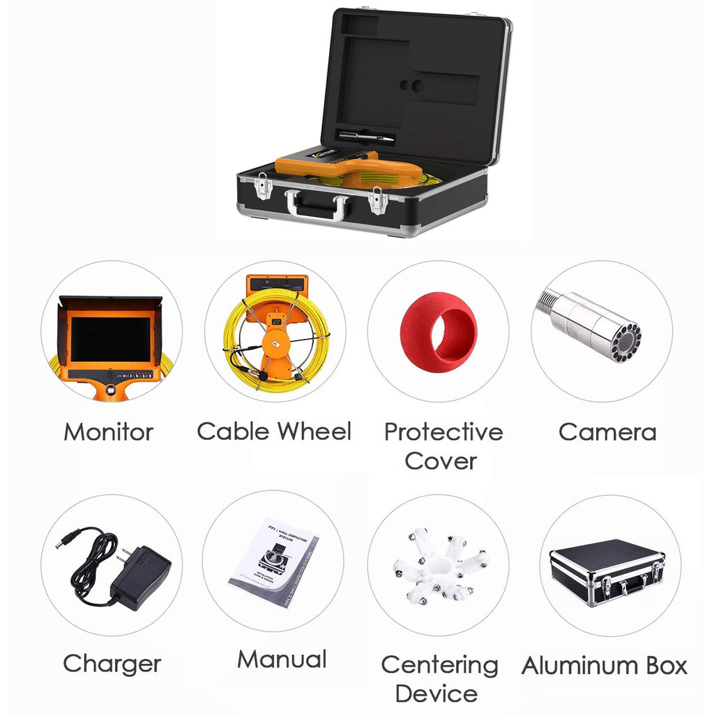 Sewer Camera with Distance Counter, Pipe Inspection System IP68 Waterproof, 7" Monitor 20M/65ft Y231555