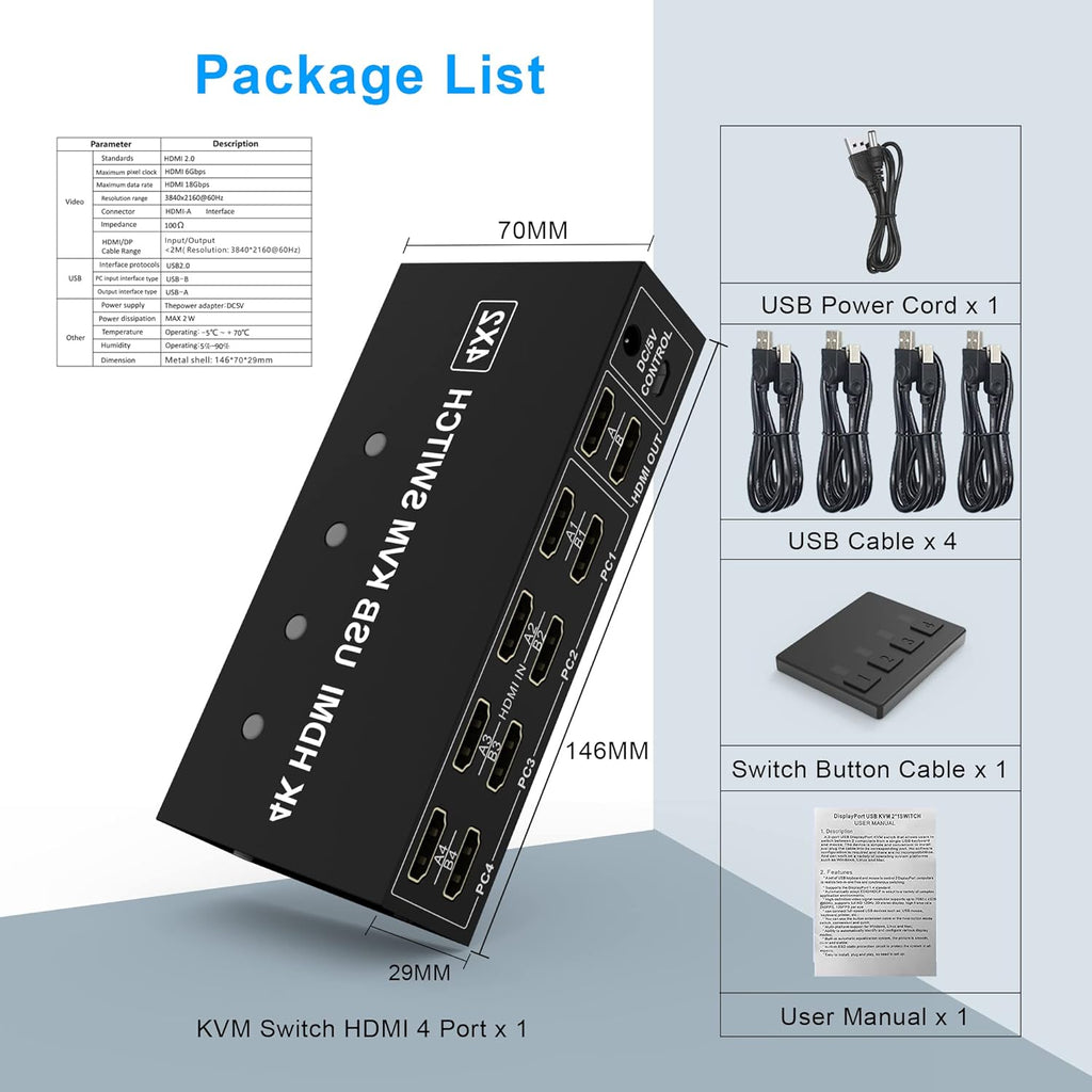 Dual Monitor KVM Switch HDMI 4 Port 4K@60Hz for 2 Monitors 4 Computers V29347