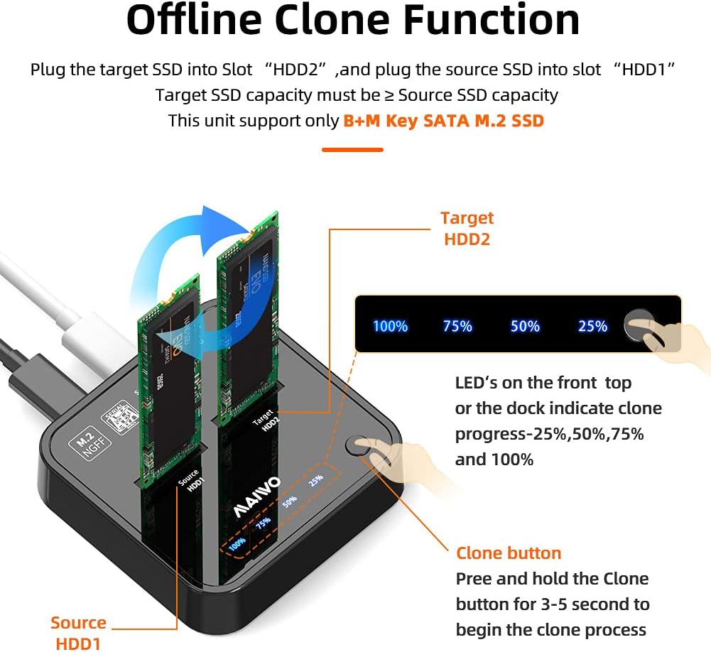 MAIWO K3016S 2 Bay M.2 SATA Docking Station, Tool-Free USB-C to SATA SSD Enclosure Y275