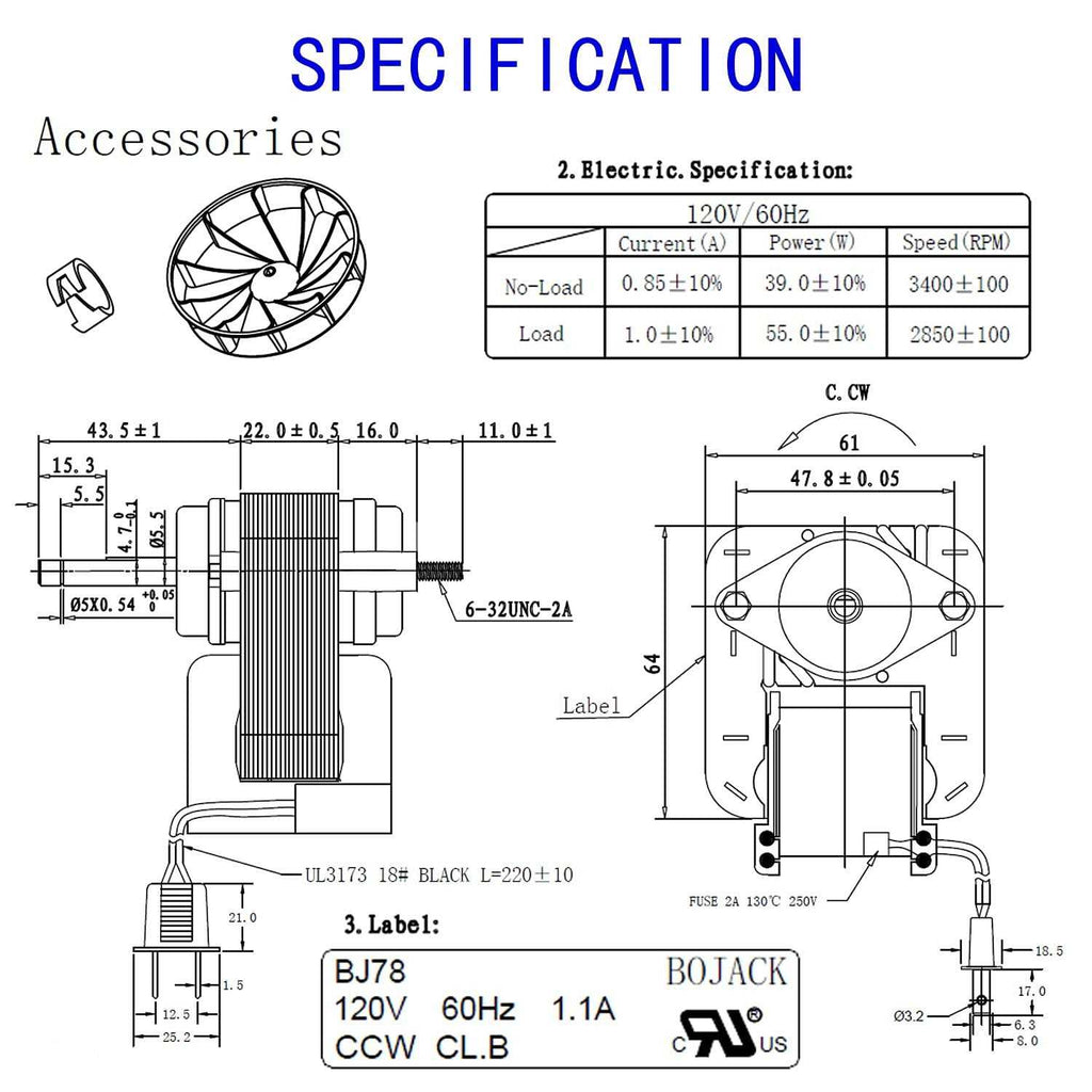 Bojack Yjf6178 Bathroom Vent Fan Motor 120V 70CFM Replacement for N678, N655 U505