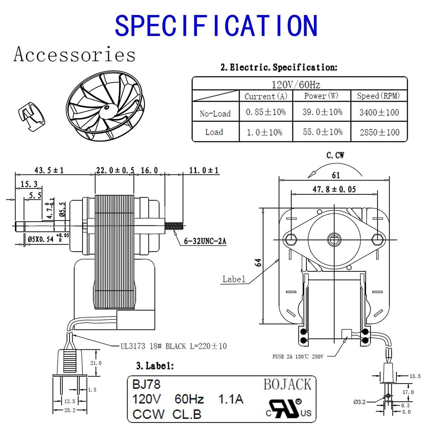 Bojack Yjf6178 Bathroom Vent Fan Motor 120V 70CFM Replacement for N678, N655 U505