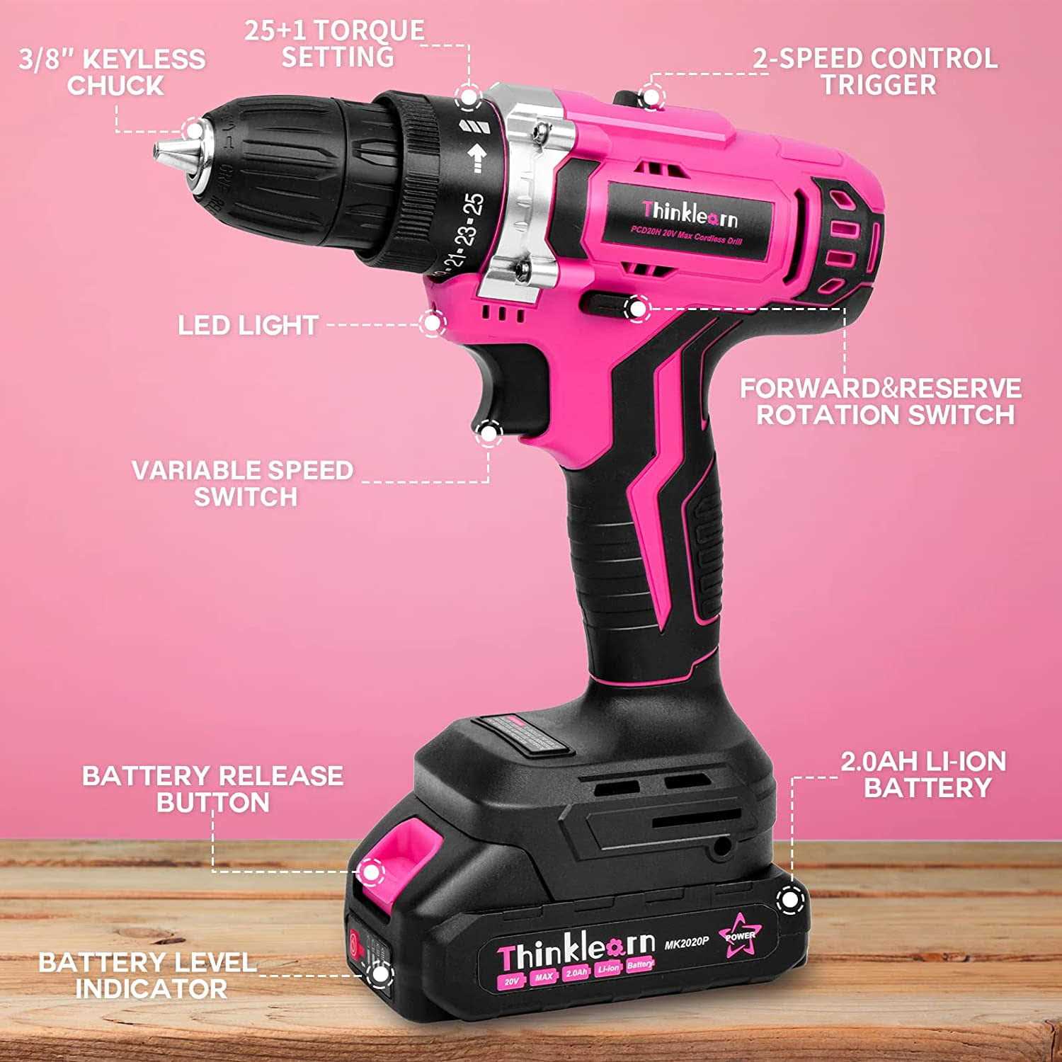 Thinklearn Pink Cordless Drill Set 20V Lithium-ion with 67Pcs Bits I1323