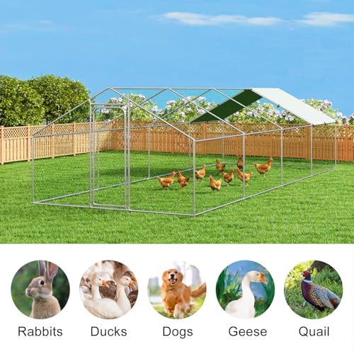 Large Metal Chicken Coop Walk-in Poultry Cage with Waterproof Cover D237341
