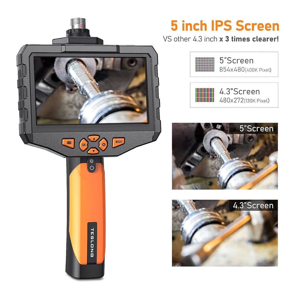 Teslong 5 inch Dual Lens Industrial Borescope Inspection Camera with Light, 1080P Waterproof Probe B658