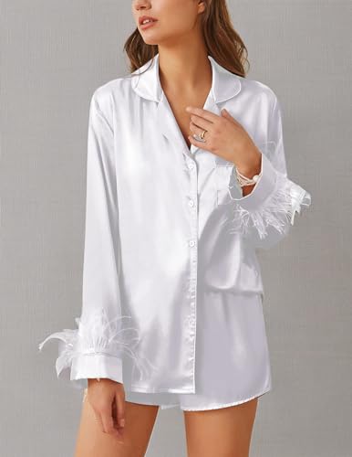 Ekouaer Women's Bridal Satin Pajama Set Long Sleeve Sleepwear B403