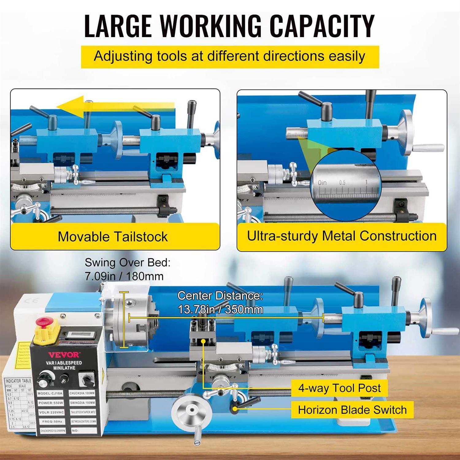 VEVOR Mini Metal Lathe 7x14 Benchtop 550W Variable Speed H38015