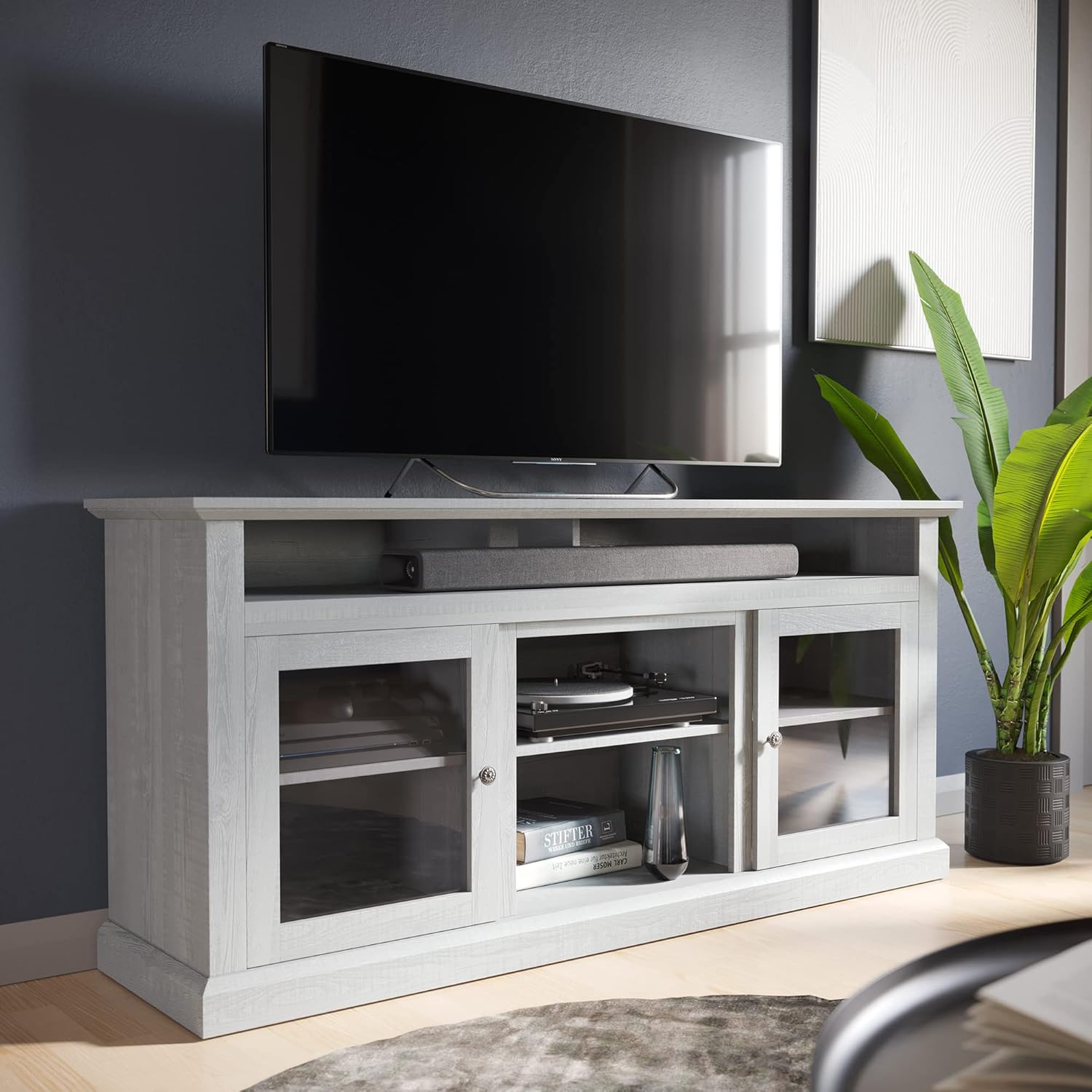 BELLEZE 60 Inch Electric Fireplace TV Stand for TVs up to 65 Inches - Cayman Gray Wash O505598