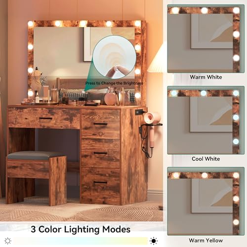 YITAHOME Vanity Desk with Mirror and Lights, Makeup Vanity Set with Stool D692321