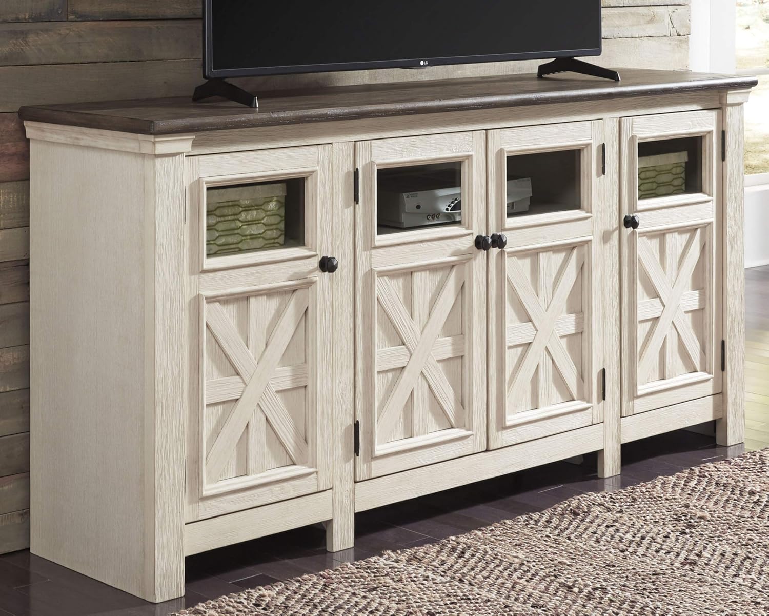 Signature Design by Ashley Bolanburg Farmhouse TV Stand for TVs up to 72, Whitewash A9526