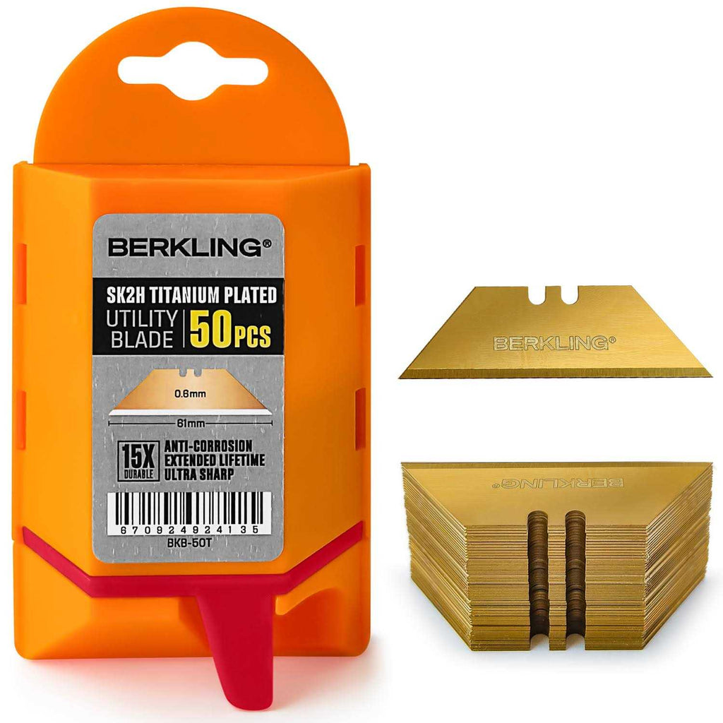 Berkling Titanium Plated SK2H Utility Knife Blades 50-Pack With Dispenser, Ultra 3X Sharper and 10X More Durable - Shop Hardware Tools Online Store