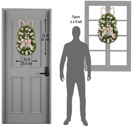 Bunny Shaped Easter Boxwood Wreath for Front Door, Handmade with Beaded Ears B739