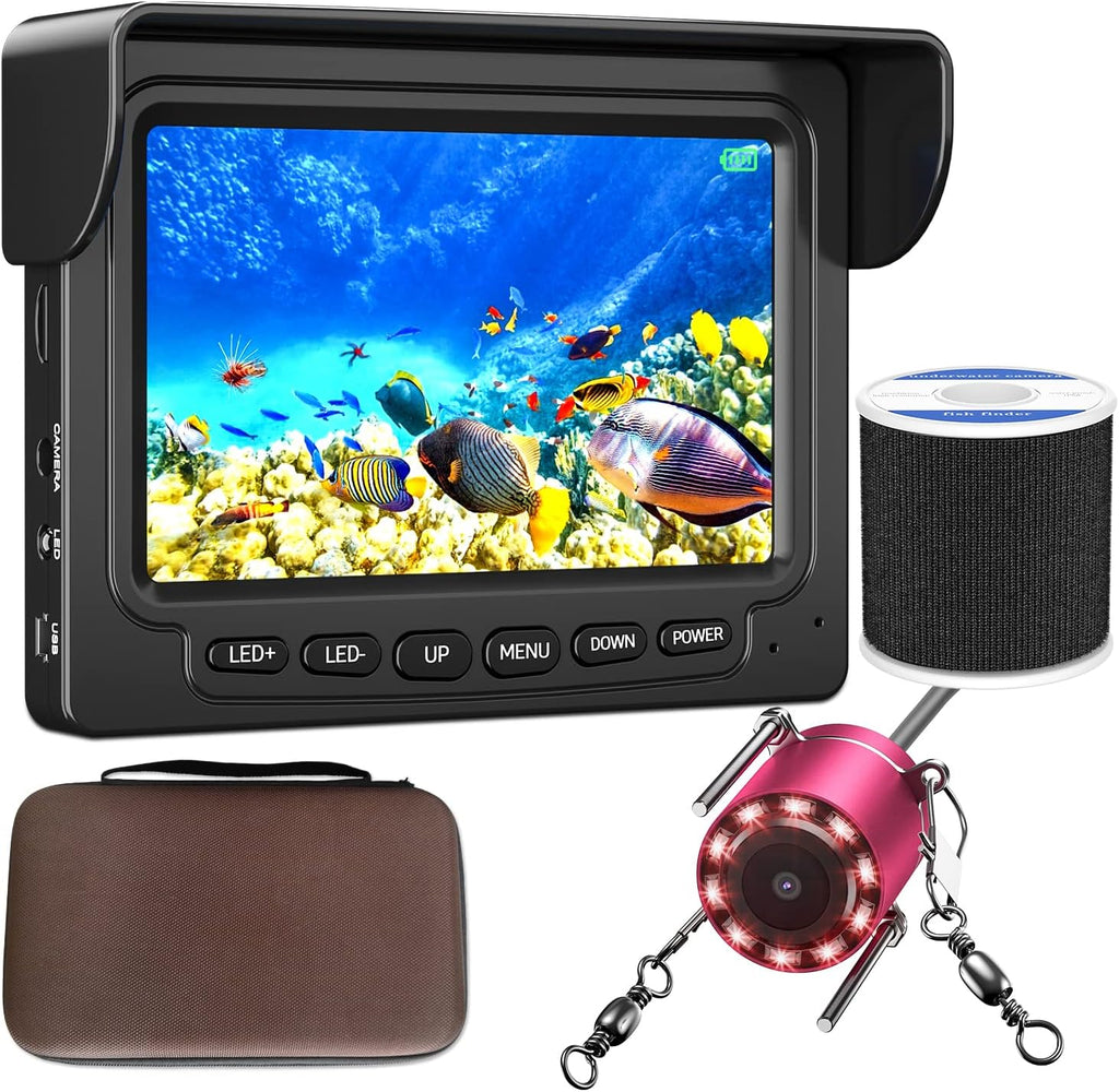 Portable Underwater Fishing Camera, 4.3 inch HD 1000TVL Color Monitor Ice Fishing Camera with 30m/98ft Cable, Waterproof IP68 Fish Finder Red IR Infrared LED Lights for Ice Sea Lake Boat Fishing