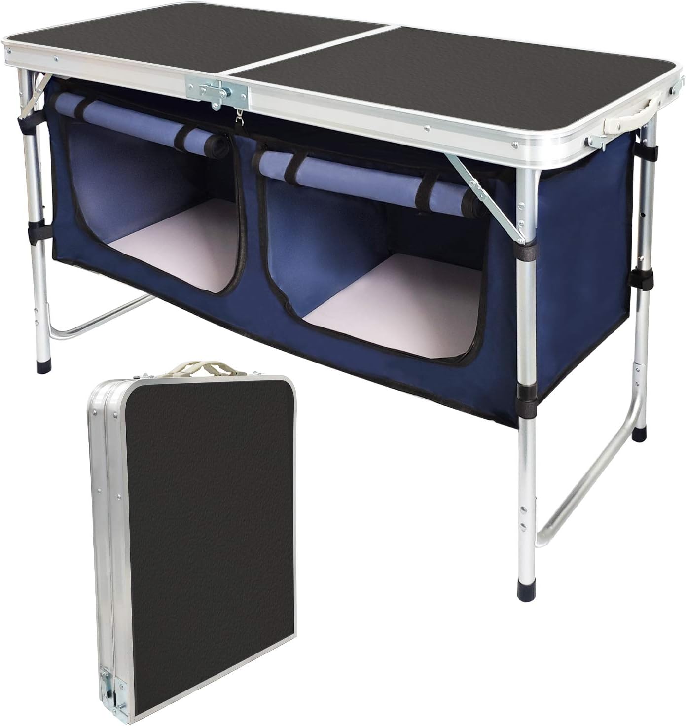 Seatopia Outdoor Folding Camp Table with Storage Organizer, Aluminum Lightweight Height Adjustable Picnic Table, Portable Foldable Table for Camping, Picnic, Outdoor (Black)