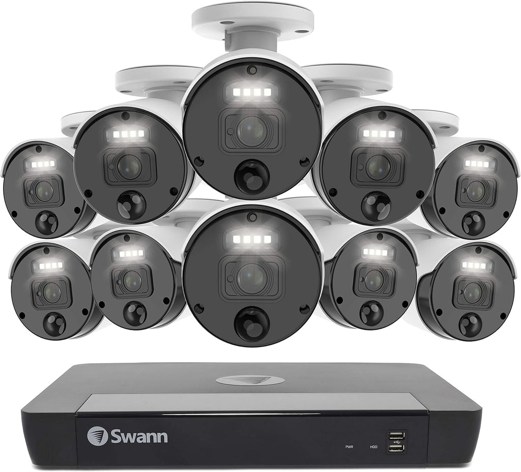 Swann Security Camera System CCTV, 10 Camera 16 Channels POE NVR Master 4K Upscale Video Wired Surveillance, Indoor Outdoor, Night Vision, Heat Motion Detection, SWNVK-1676810