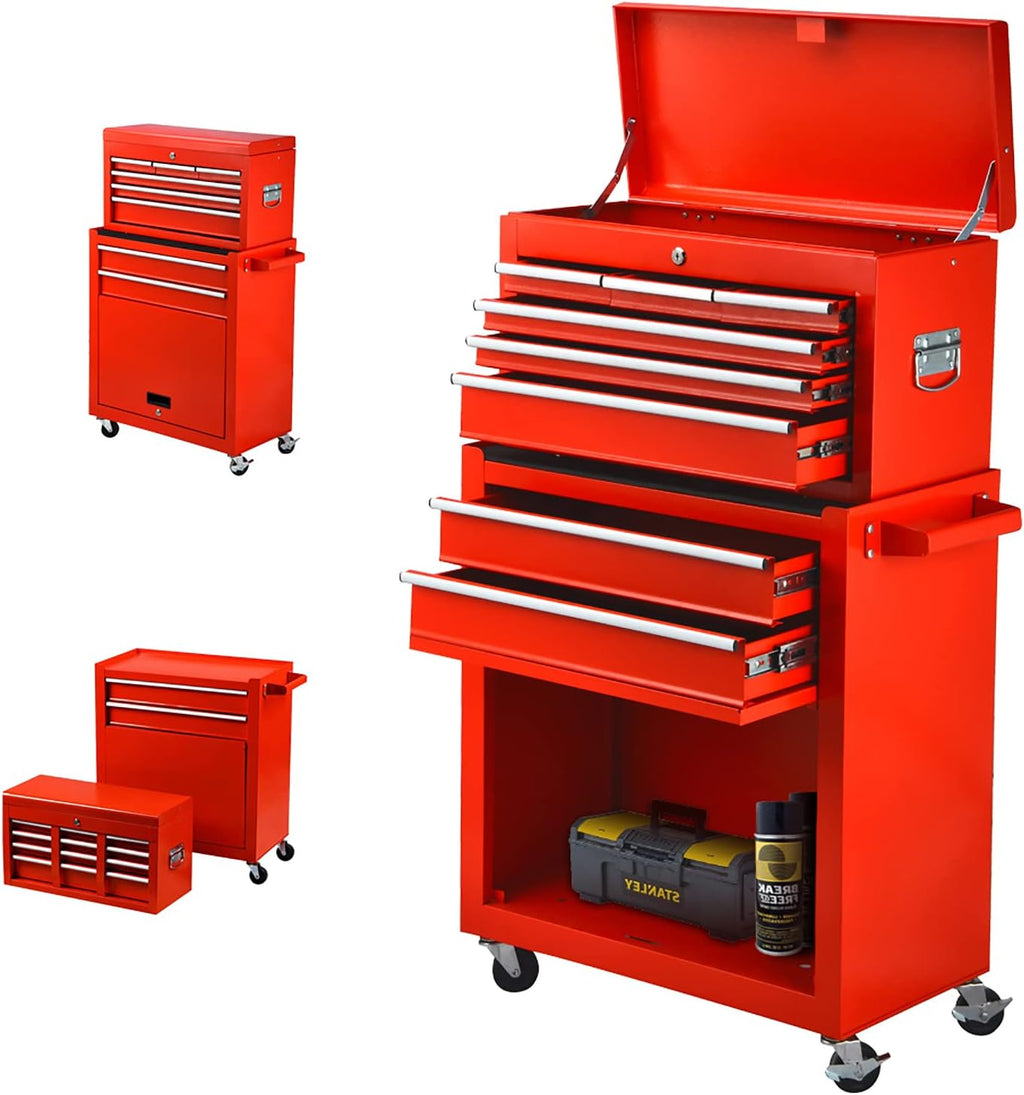Monday Mall 8-Drawer Rolling Tool Box Tool Chest with 4 Wheels High Capacity Tool Storage Cabinet with Locks for Workshop Garage Warehouse (Red) 001