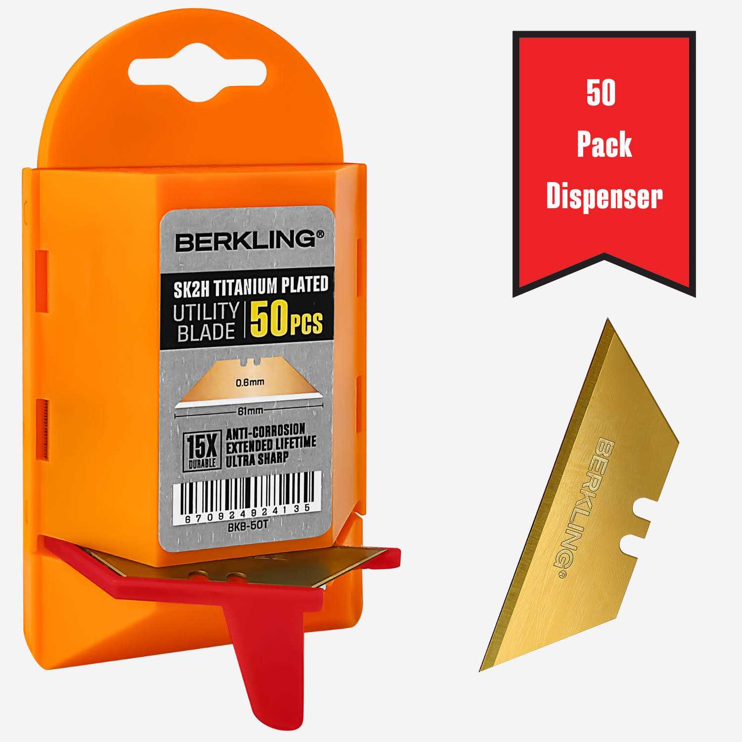 Berkling Titanium Plated SK2H Utility Knife Blades 50-Pack with Dispenser B674104