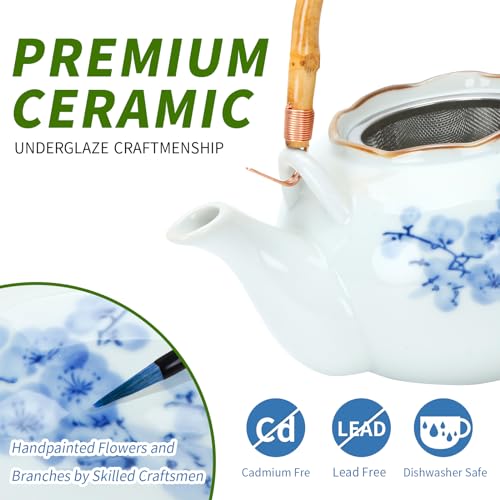 Japanese Tea Set Porcelain with Teapot and Cups for 4, Blue and White, Stainless Infuser, Bamboo Tray O10118