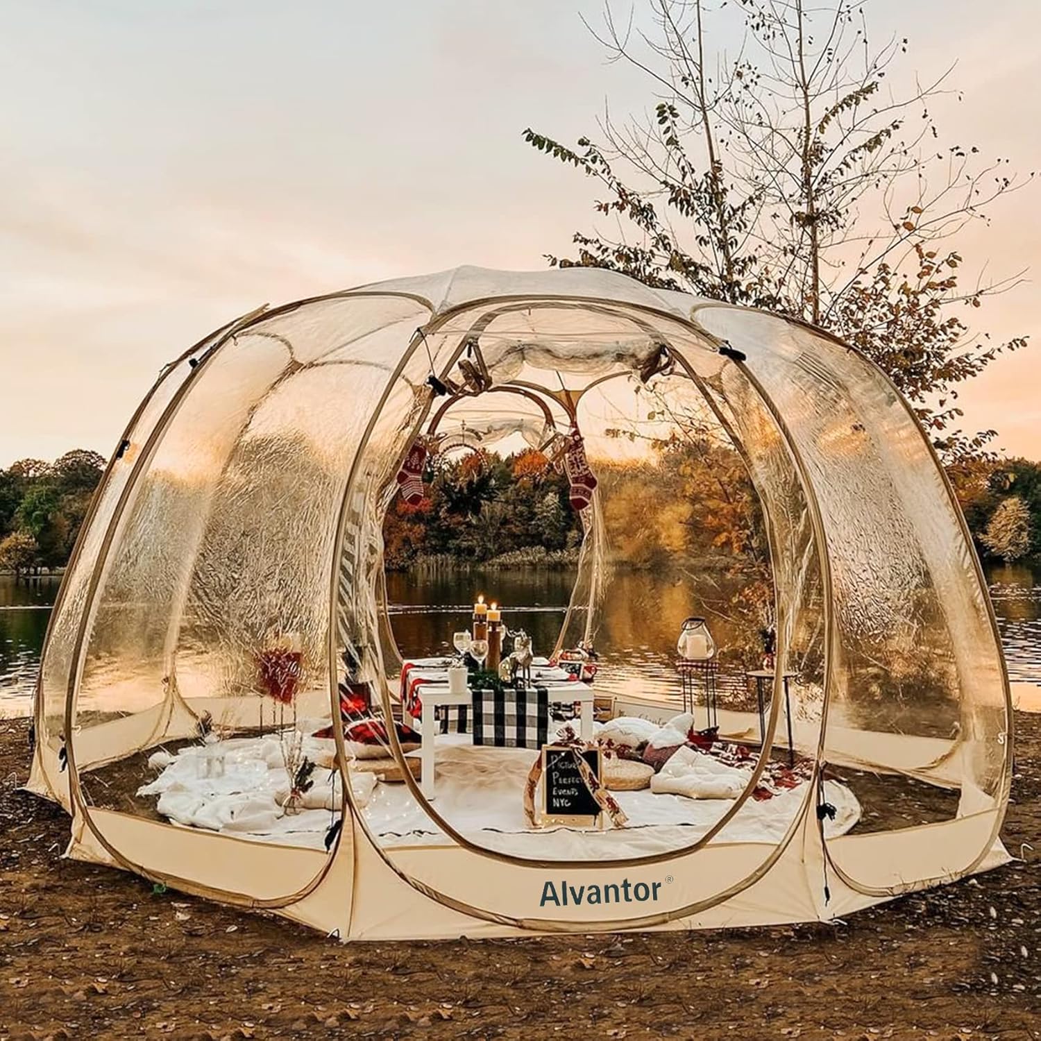 Alvantor Pop Up Bubble Tent - 12’ x 12’ Instant Igloo Tent - 8-10 Person Screen House for Patios - Large Oversize Weather Proof Pod - Cold Protection Camping Tent - Beige