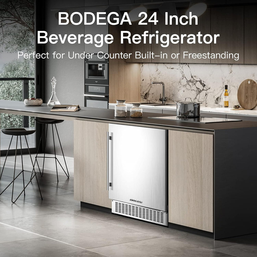 BODEGA Beverage Cooler 24 Inch, Built-in Freestanding Refrigerator, Stainless Steel A517462