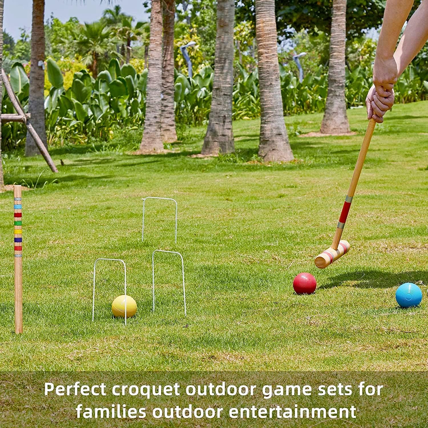 Pointyard Six Player Croquet Set with Wooden Mallets and Carry Bag O779356