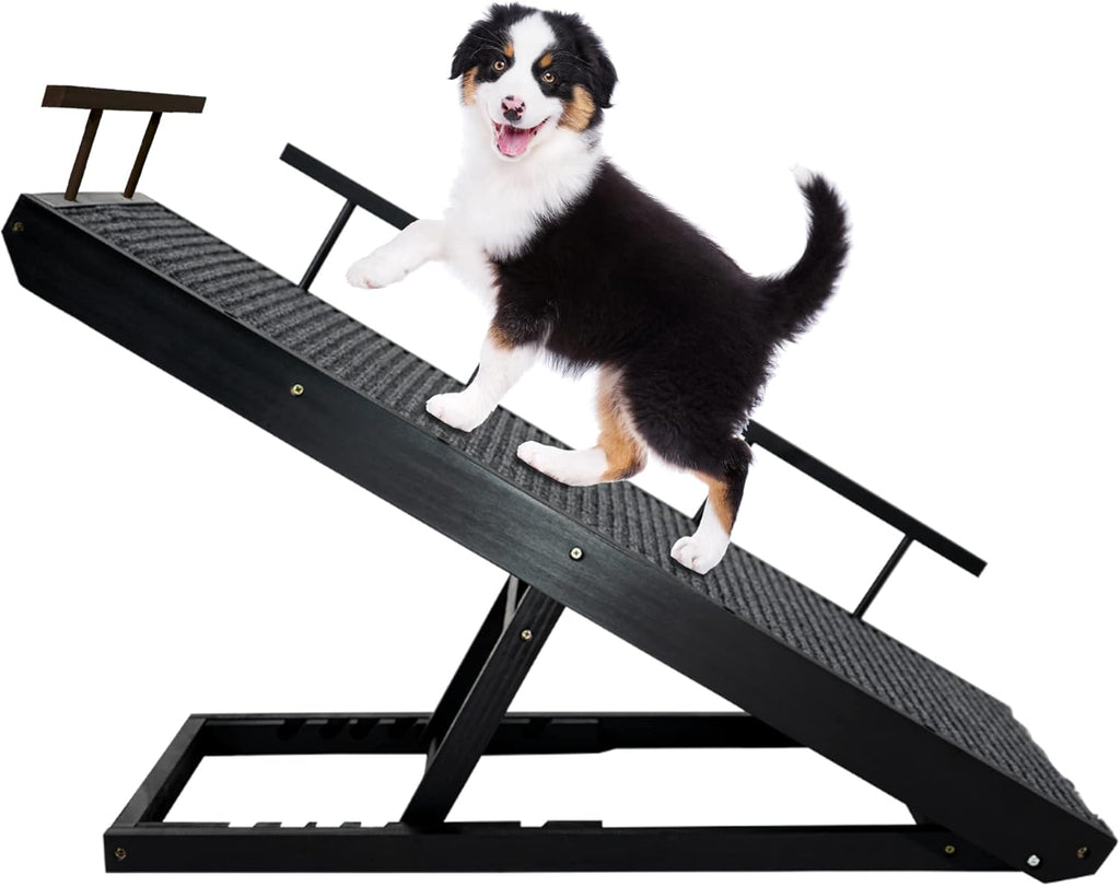 Rampaw Adjustable Pet Ramp for Small Dogs and Cats - for Couch or Bed with Paw Non Slip Traction Mat, Adjustable Height from 12 to 24 in - Sturdy, with Safety Side Rails, Dog Training Manual (Black)