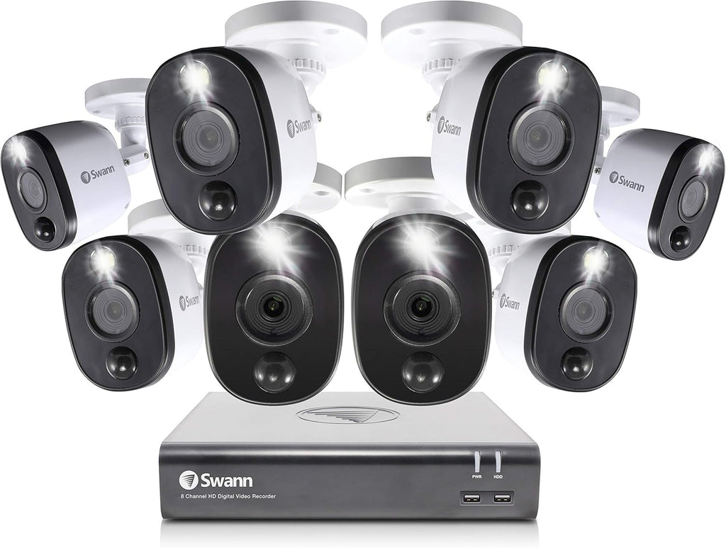 Swann Home Security Camera System, 8 Channel 8 Bullet Cameras, 1080p HD DVR, Indoor/Outdoor Wired Surveillance CCTV, Night Vision, Motion Sensor Lights, Alexa + Google, 1TB Hard Drive, SWDVK-845808WL