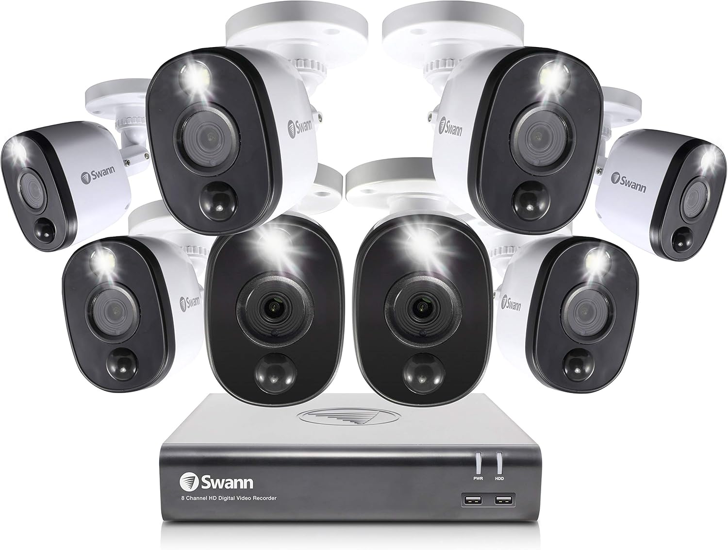 Swann Home Security Camera System, 8 Channel 8 Bullet Cameras, 1080p HD DVR, Indoor/Outdoor Wired Surveillance CCTV, Night Vision, Motion Sensor Lights, Alexa + Google, 1TB Hard Drive, SWDVK-845808WL