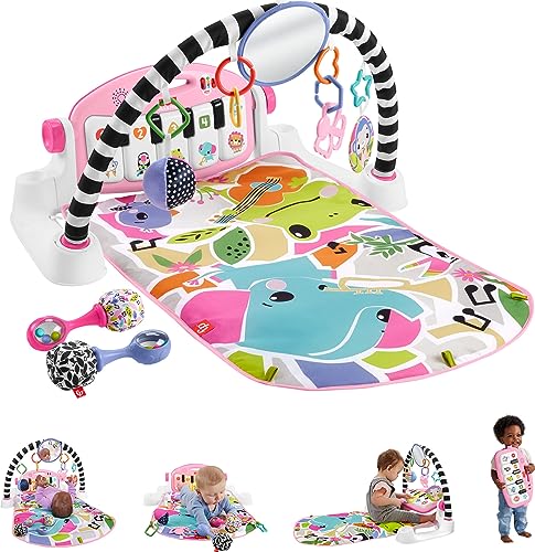 Fisher-Price Portable Baby Chair, Pink Kick & Play Deluxe Sit-Me-Up Seat with Piano Toy & Snack Tray O7962