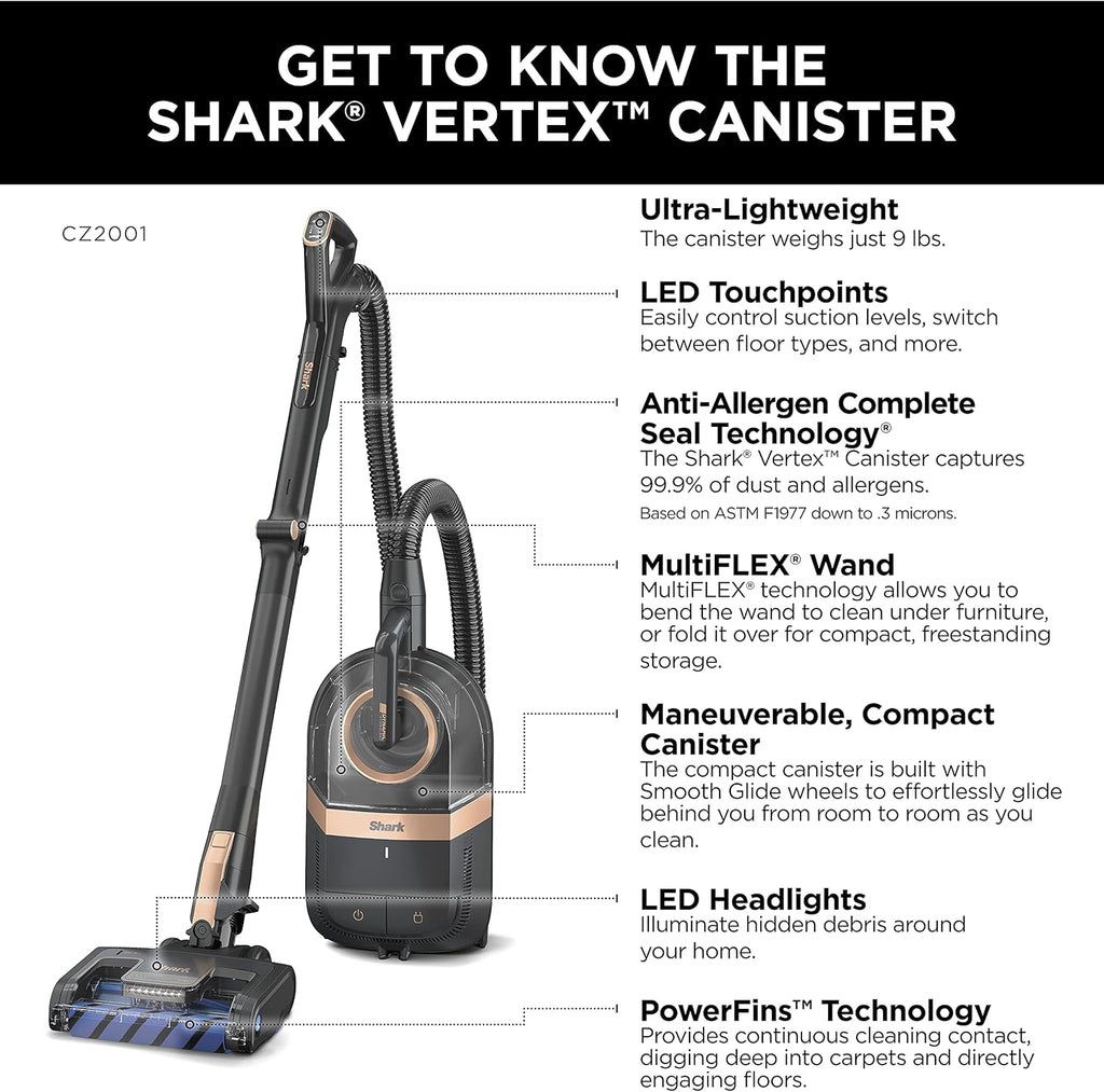 Shark CZ2001 Vertex Bagless Corded Canister Vacuum with Self-Cleaning Brushroll, Black/Copper K35848